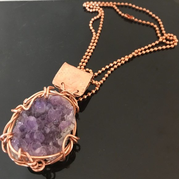 Genuine Amethyst Druzy Drusy Pendant Solid Pure Copper Necklace Natural Mens - Picture 3 of 8